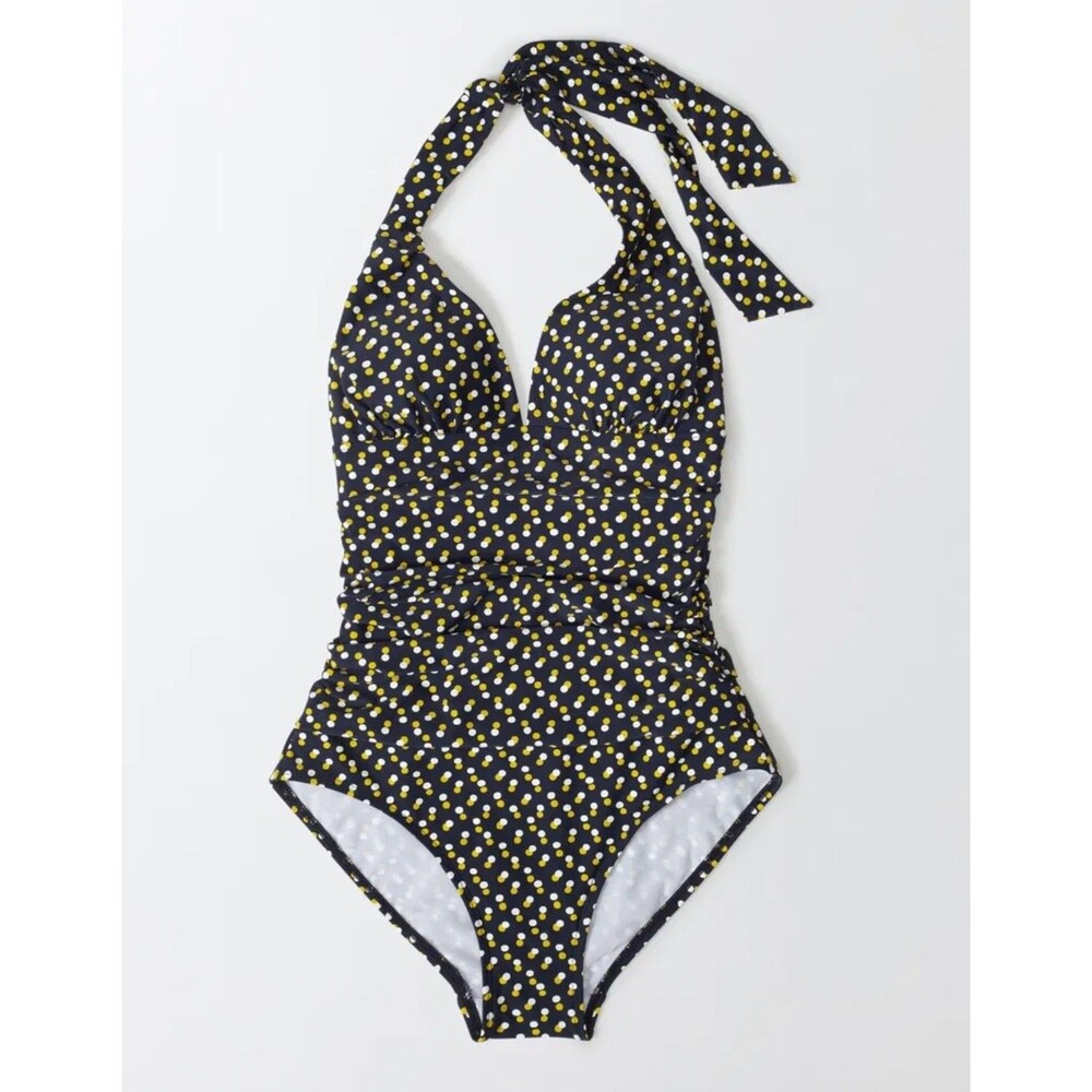 BODEN Sz 12 Rhodes 1 Pc Ruched Swimsuit Halter Neck Black Padded Waist Sculpting